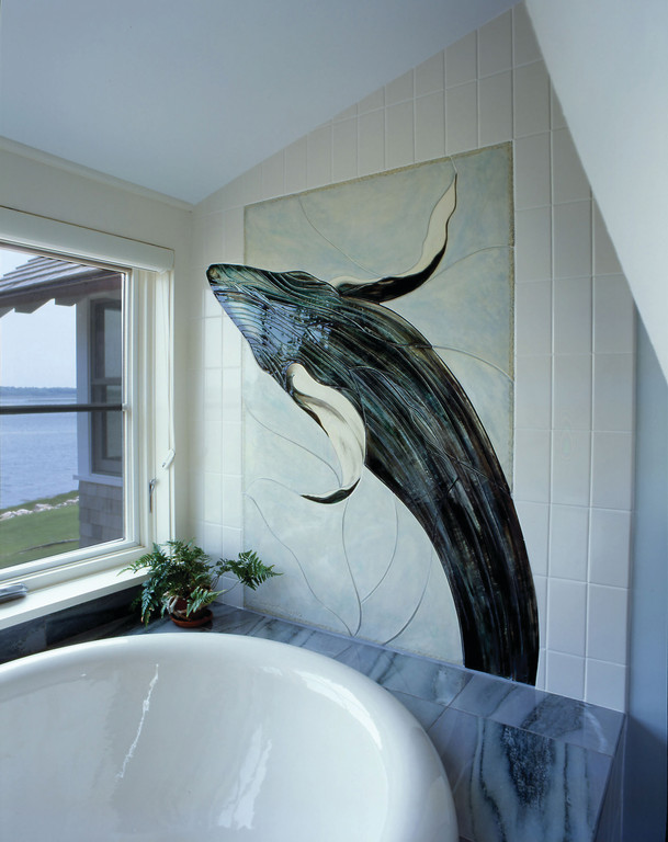 Breaching Whale, custom designed & installed ceramic by Pat Warwick