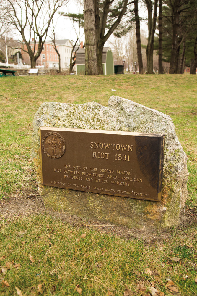 This mark at Roger Williams National Memorial park commemorates the Snowtown Riot of 1831