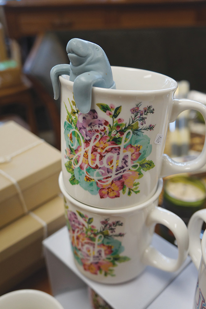 Floral mugs: $10 each; Manatee tea infuser: $10