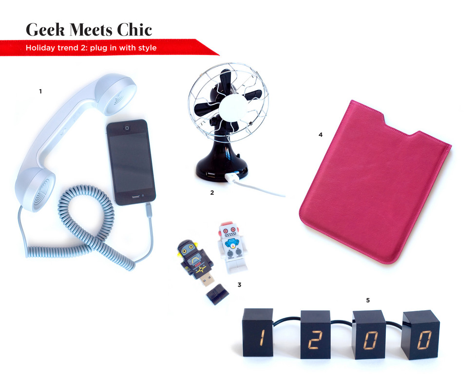 1. Moshi Retro Handset Phone Adapter, $39.99. Butterfield | 2. USB Desk Fan, $25. DCI | 3. Robot Flash Drive, $19. DCI | 4. Leather iPad Case, $98. Pippa’s Papers | 5. Digital Clock, $100. RISD Works