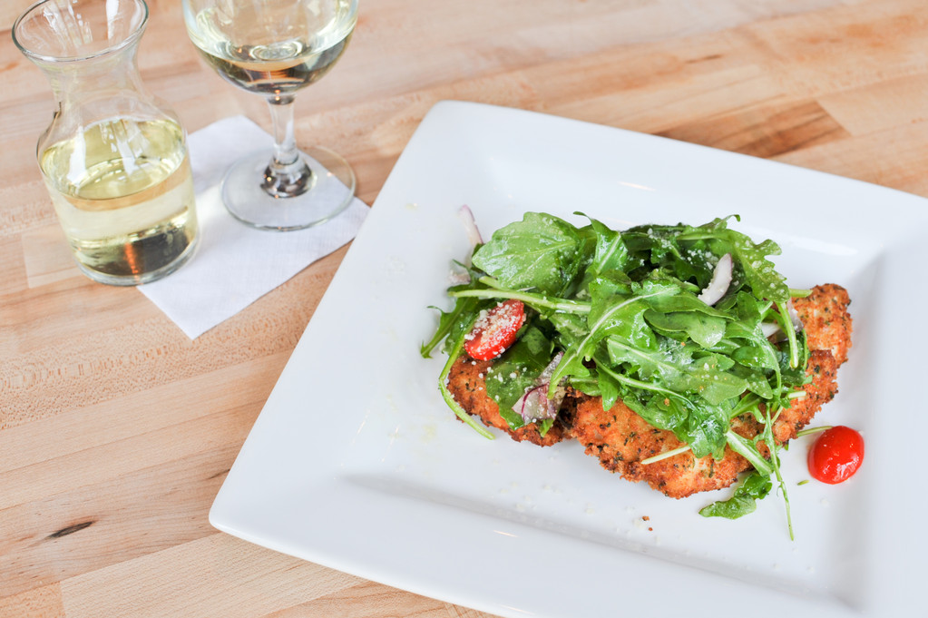 Chicken Milanese - baby arugula, red onion, lemon, pear tomatoes, olive oil