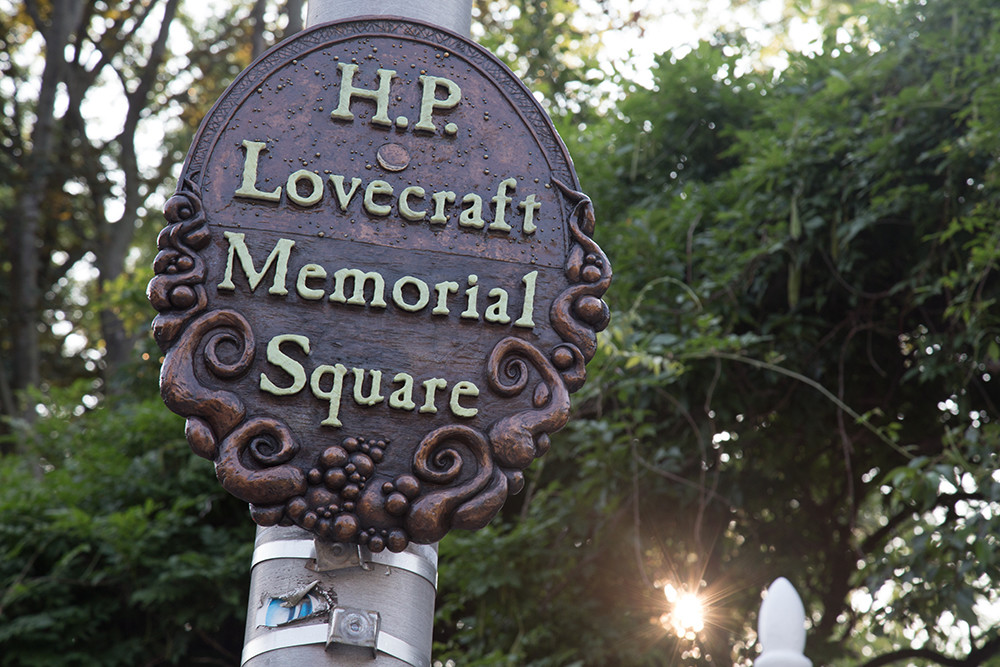 The plaque marking H.P. Lovecraft Memorial Square at the corner of Angell and Prospect Streets