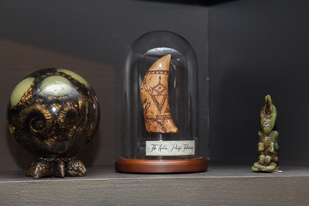 Examples of Gage Prentiss' Lovecraft relics, on display at Lovecraft Arts and Sciences in The Arcade