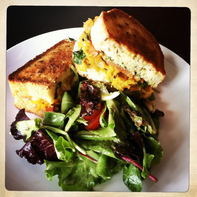 The Beehive Cafe's butternut squash sandwich on homemade flaxseed bread