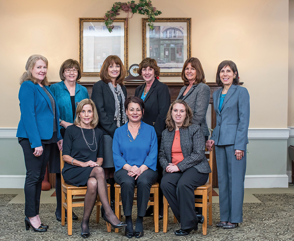 The women on Saint Elizabeth Community’s leadership team play a vital role in moving elder care forward in Rhode Island. 
Pictured left to right, sitting: Dottie Santagata, Administrator, Cornerstone Adult Day Services; Maggie Connelly, Administrator, Saint Elizabeth Court; 
Christine McGuire, Director of Finance, Saint Elizabeth Community. Standing: Mary Rossetti, Director of Community Outreach, Saint Elizabeth Community; Sharon Garland, Chief Philanthropy Officer, Saint Elizabeth Community; Beth Russell, Administrator, Saint Elizabeth Manor; Caroline Rumowicz, Director, 
Cathleen Naughton Associates; Kathy Parker, Director of Admissions, Saint Elizabeth Home and Saint Elizabeth Manor; Roberta Merkle, Executive Vice 
President of Strategic Initiatives, Saint Elizabeth Community.