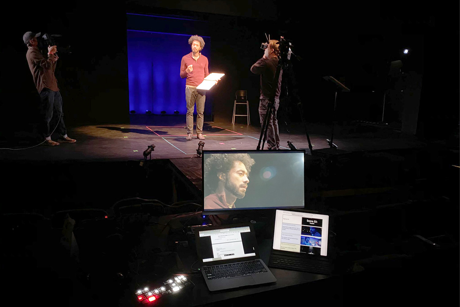 Actor William DeMeritt in tech rehearsal and filming of The Catastrophist