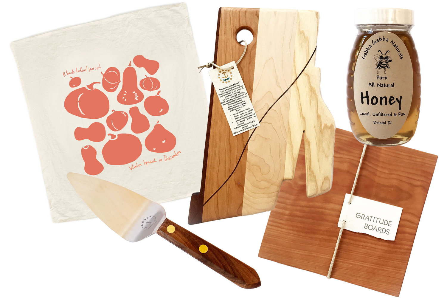 1. Cricicis Design Harvest Tea Towel; 2. Andiamo Woodworking RI Presentation Board; 3. Gabba Gabba Naturals Raw Local Honey; 4. Zuerner Design Gratitude 
Cutting Board; 5. Lamson Pie Server