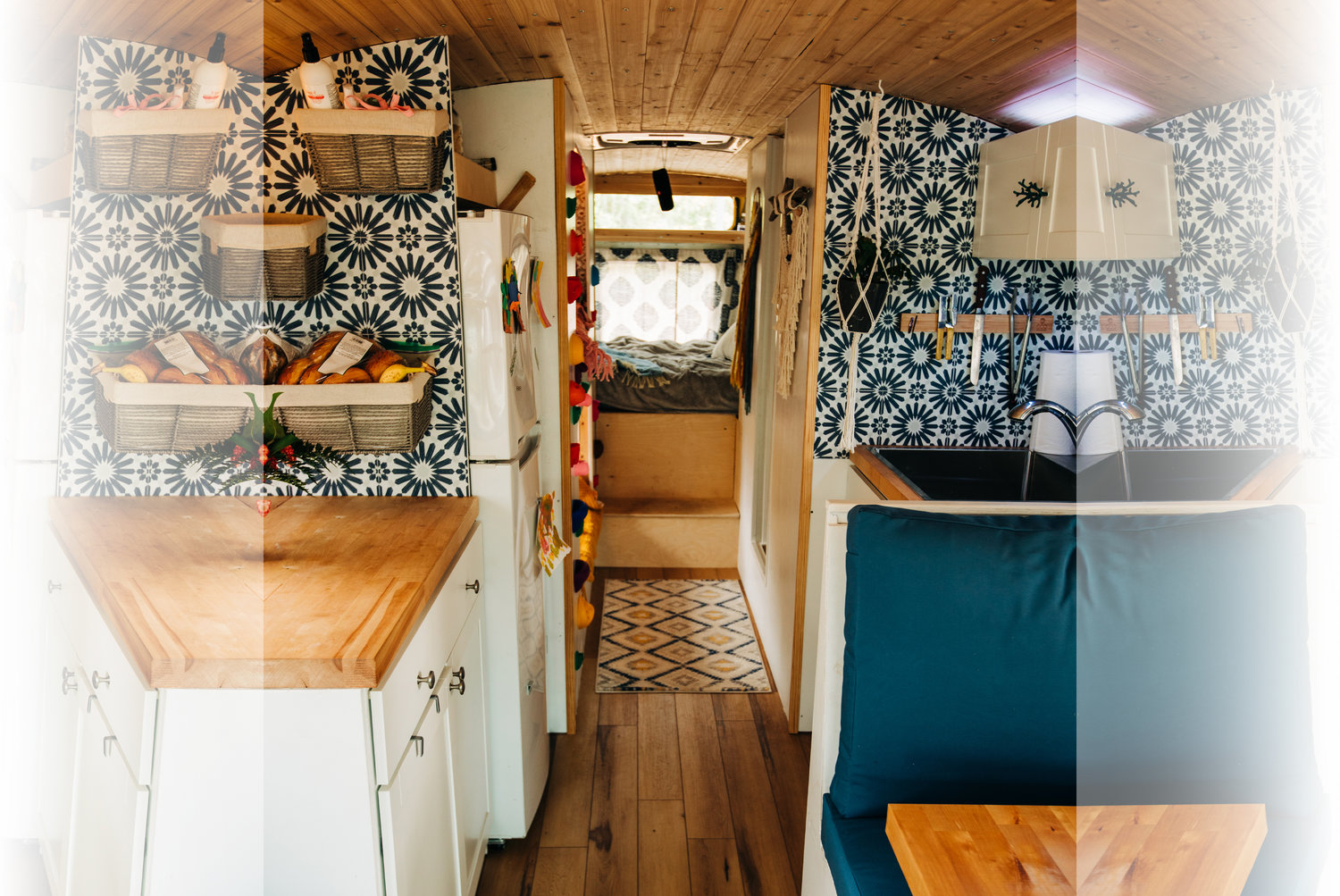 Natural textures and patterned accents infuse warmth to the bus interior