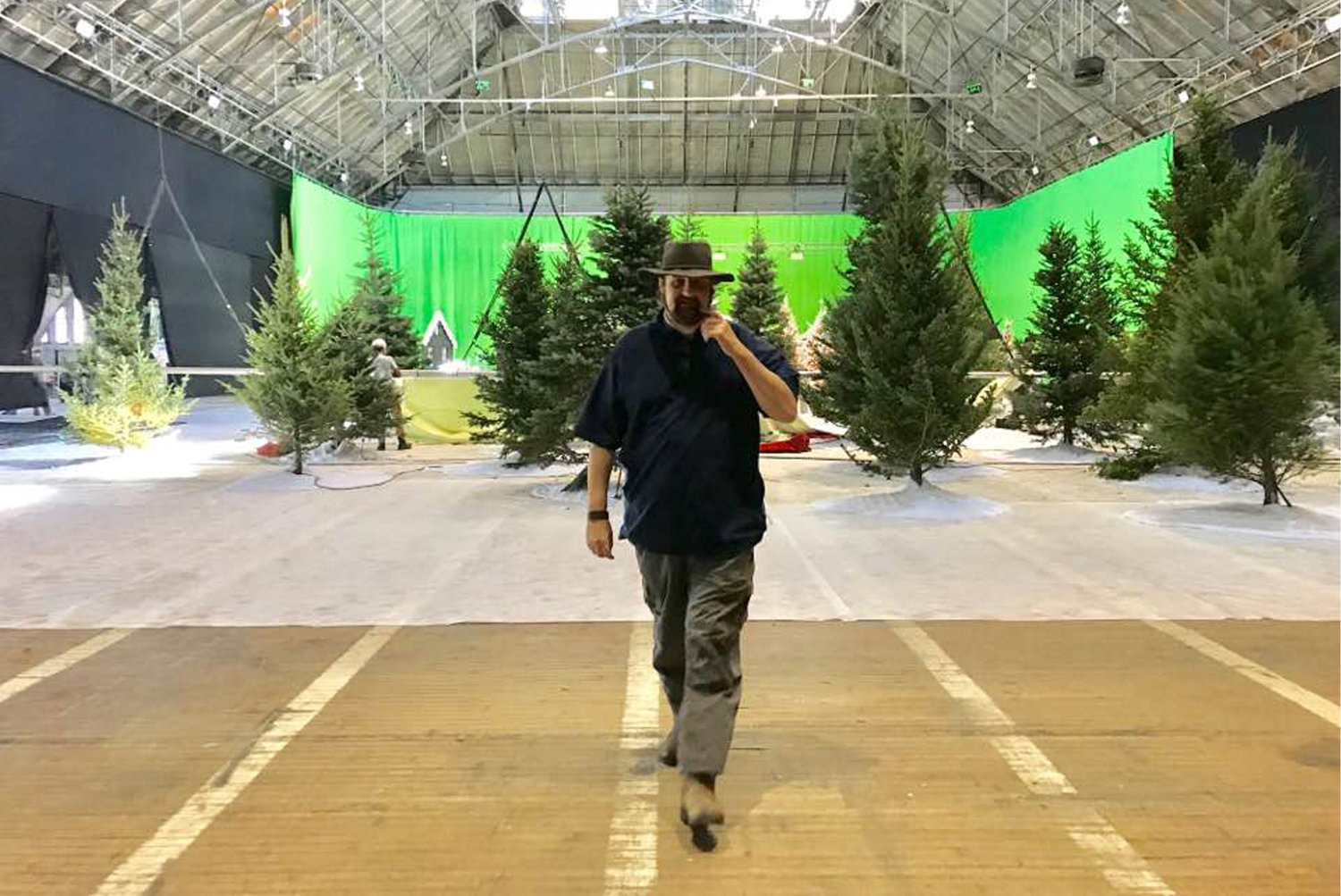 Steven Feinberg inside the Cranston Street Armory at the beginning stage of building the Christmas-land set for the AMC horror series NOS4A2 starring Zachary Quinto