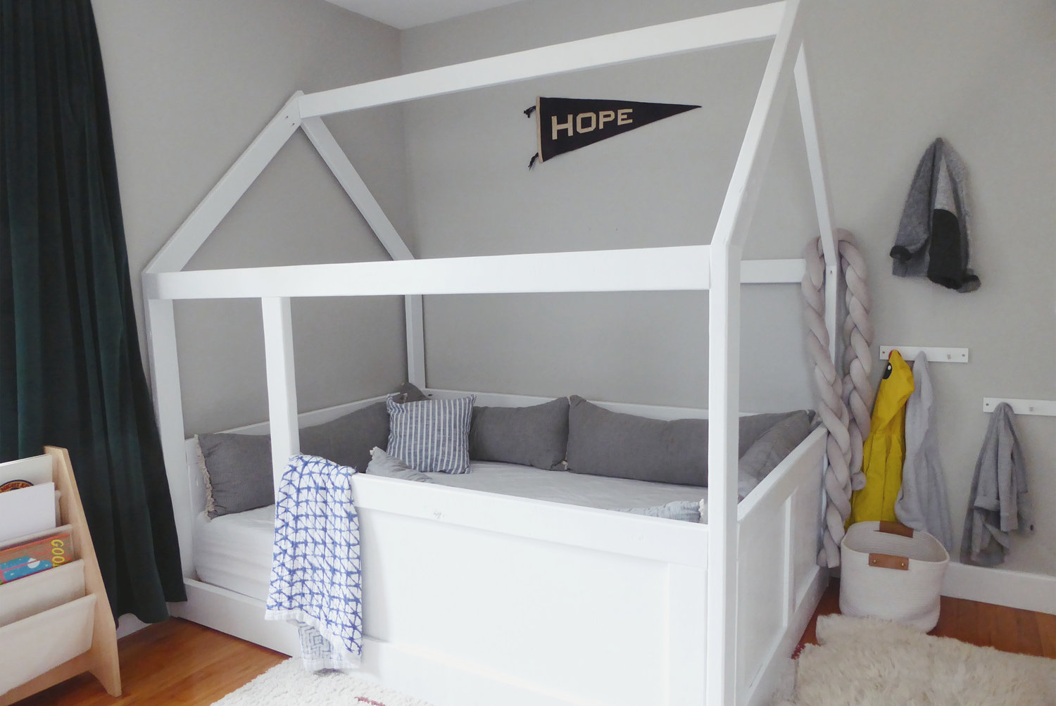 A prized DIY project is the bed built by Souza for the couple’s young son