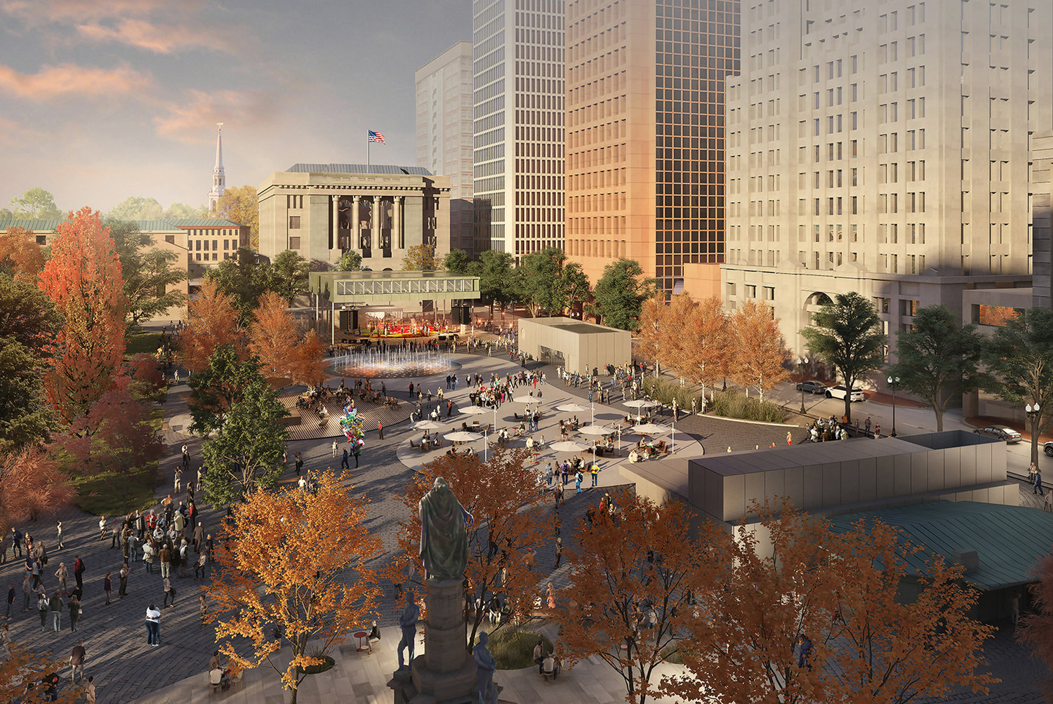 The reimagined Kennedy Plaza has “big shade” and a water feature