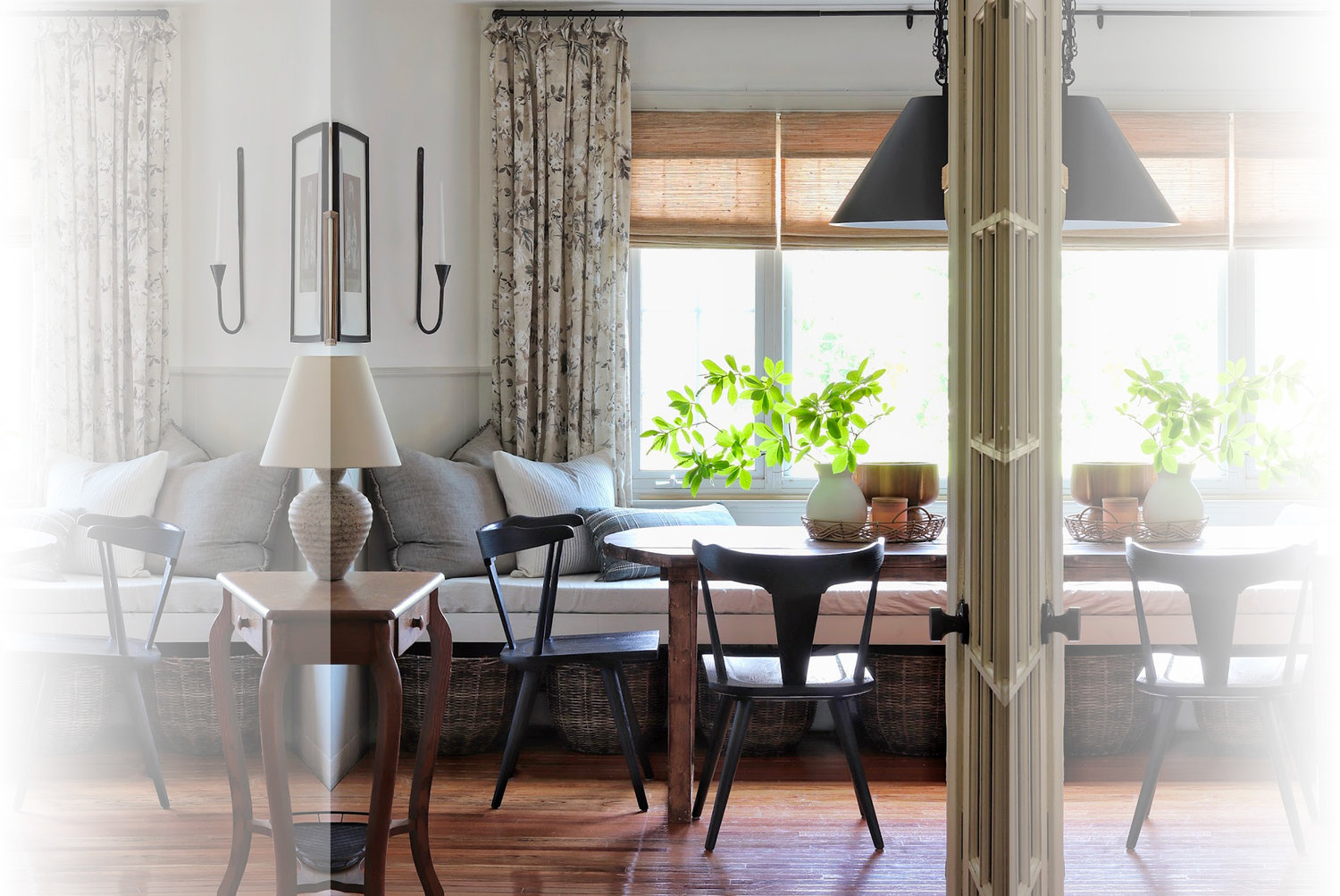 Black dining chairs connect with the light fixture above