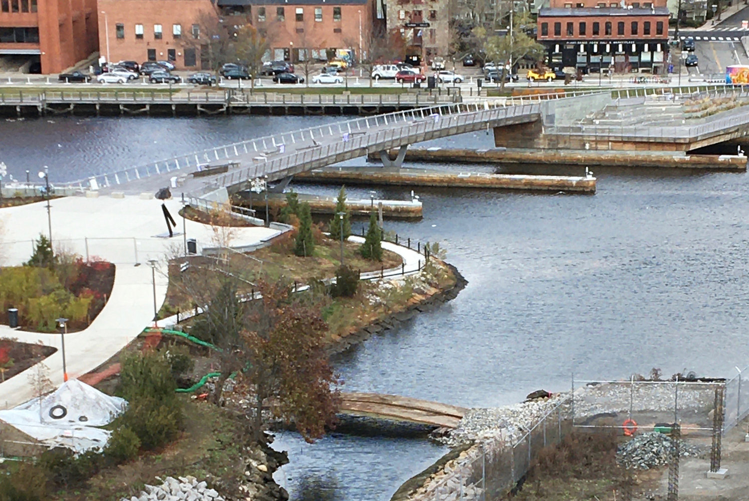 Construction bridge (foreground) over Ship Street Canal as the Providence Riverwalk in the Jewelry District nears completion