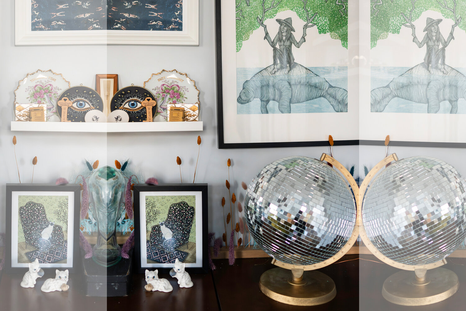 A few decor items from the couple’s wedding have found permanent places, like a disco ball globe Pisari made, and the Rolodex used as a guestbook.